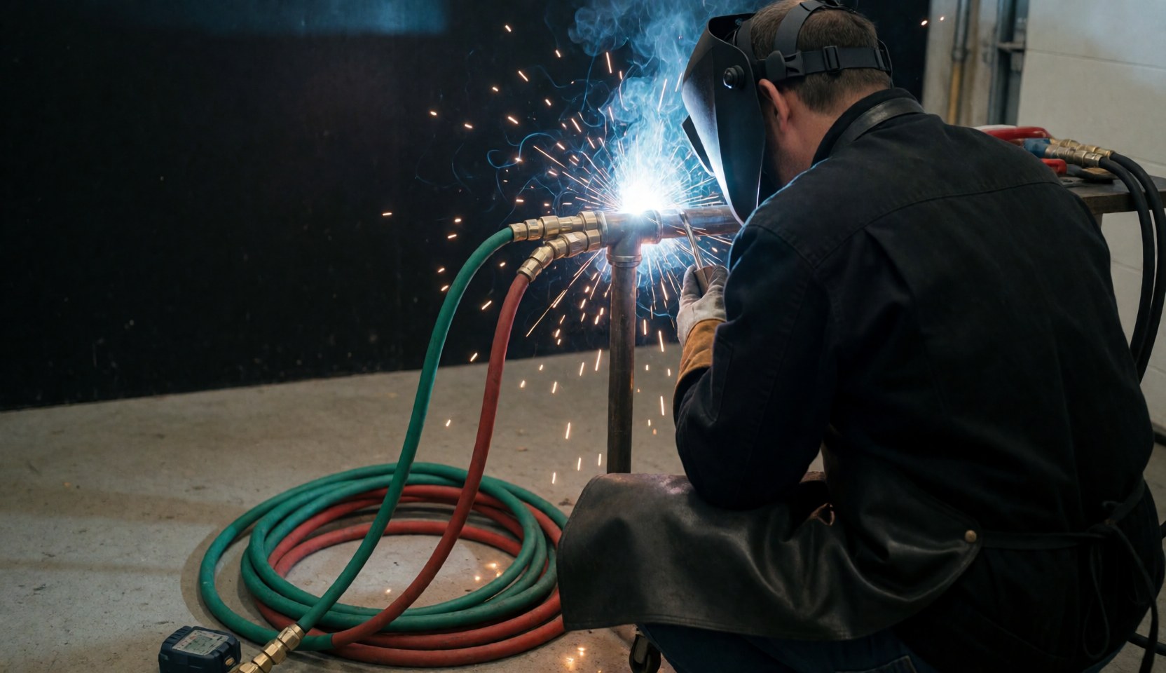 Soudeur professionnel portant un casque de protection et des tuyaux de gaz vert et rouge, travaillant sur un tuyau en acier avec des étincelles brillantes dans un atelier industriel.