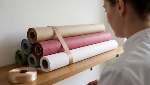 Une fleuriste observe des rouleaux de papier coloré et du ruban satiné sur une étagère en bois dans un magasin aux murs blancs.