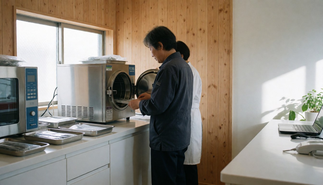 Un professionnel ouvre un autoclave stérilisateur dans une pièce aux murs en bois clair et à la lumière naturelle, idéal pour une clinique de traitement de l'acné.