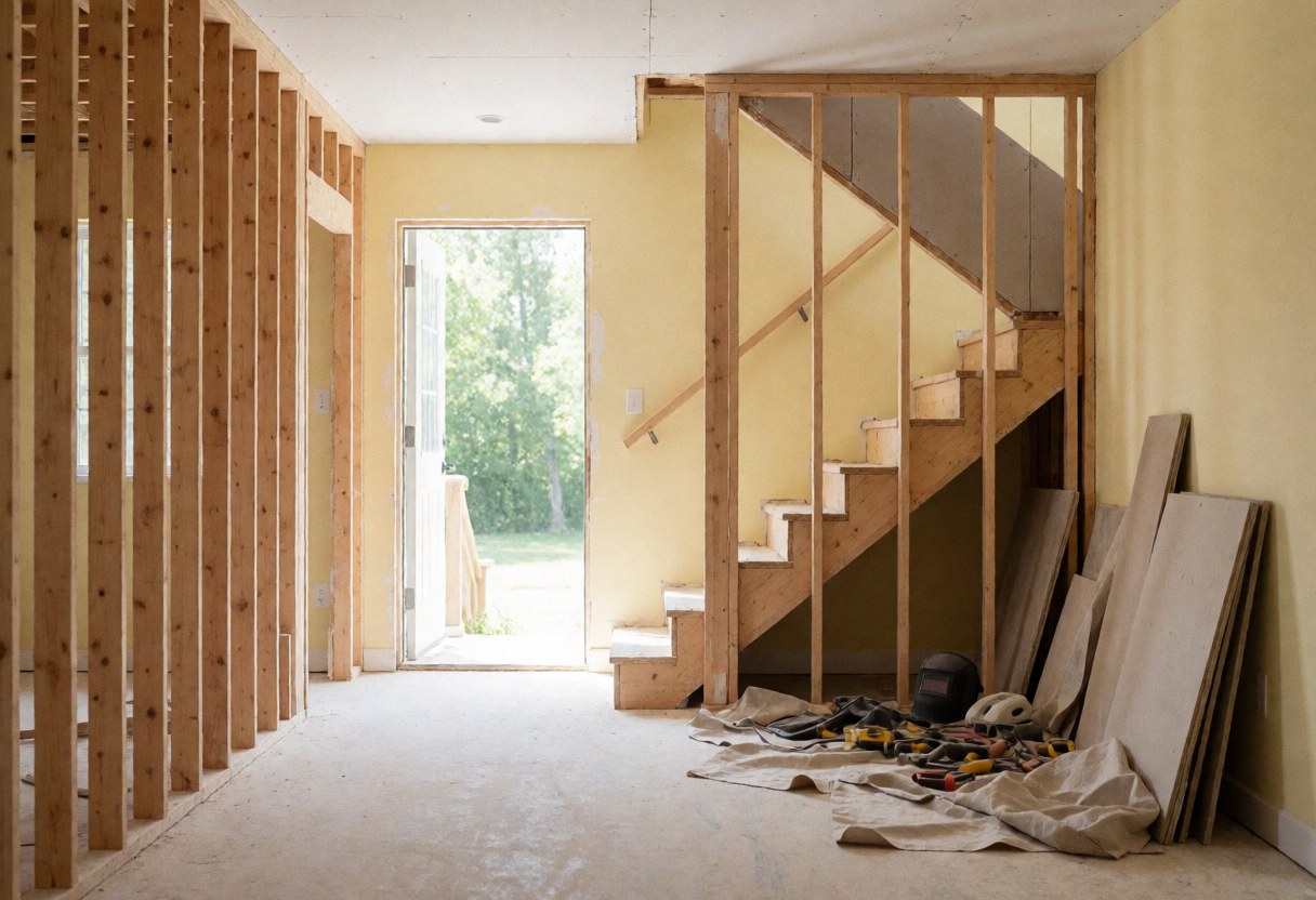 Intérieur de maison en construction avec châssis d'escalier en bois, murs jaunes et outils au sol, idéal pour installateur d'escaliers
