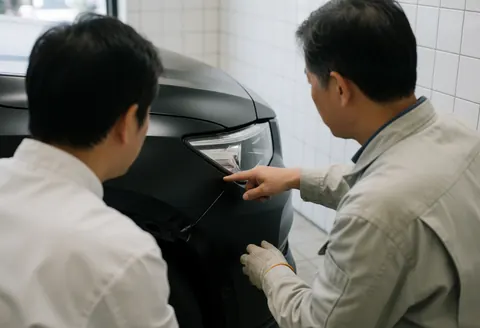 Un client examine l'installation d'un vinyle noir sur le capot d'une voiture, accompagné d'un professionnel dans un atelier aux murs carrelés blancs.