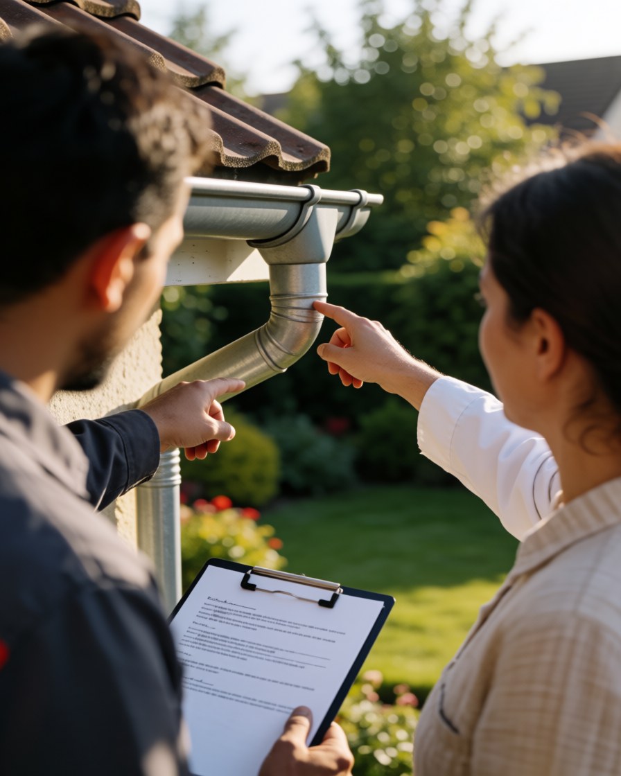 Un technicien et un client examinent une gouttière métallique réparée sur une maison avec jardin, sous la lumière du coucher du soleil.