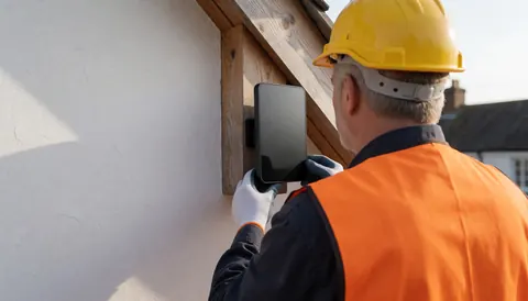 Technicien en casque et gilet de sécurité installe une antenne numérique noire sur une structure en bois, éclairage matinal et espace de texte à gauche.