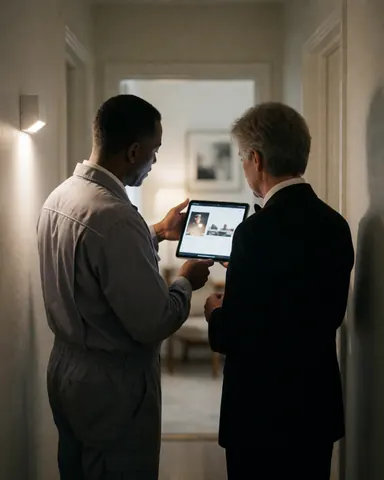 Un technicien et un client examinent ensemble un design sur une tablette dans un couloir élégant avec un luminaire LED mural.