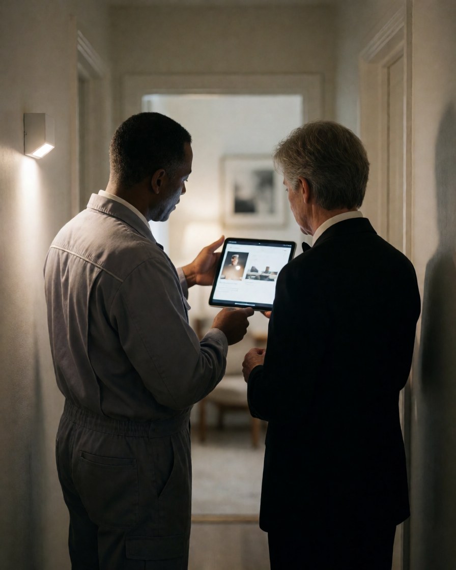 Un technicien et un client examinent ensemble un design sur une tablette dans un couloir élégant avec un luminaire LED mural.