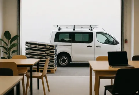 Fourgon blanc équipé d'un rack et de caisses de vélo empilées sur une palette, devant un mur blanc, adapté à la logistique et au transport de matériel cycliste.