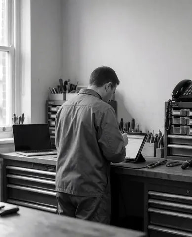 Technicien de dos travaillant sur une tablette posée sur une table de travail avec des outils organisés et une lumière naturelle provenant d'une fenêtre dans un atelier de réparation de mobiles.