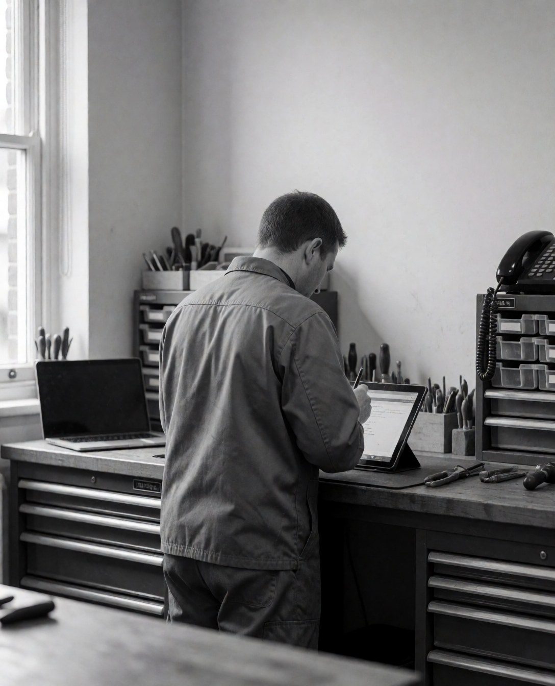 Technicien de dos travaillant sur une tablette posée sur une table de travail avec des outils organisés et une lumière naturelle provenant d'une fenêtre dans un atelier de réparation de mobiles.