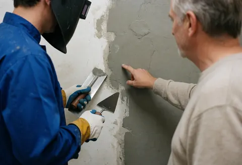 Un client pointe une zone nouvellement étanchéifiée pendant qu'un ouvrier applique du mortier sur un mur de sous-sol avec des couteaux de maçon.