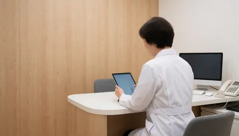 Dermatologue femme en blouse blanche consultante une tablette dans un cabinet moderne avec murs en bois clair et espace pour texte.