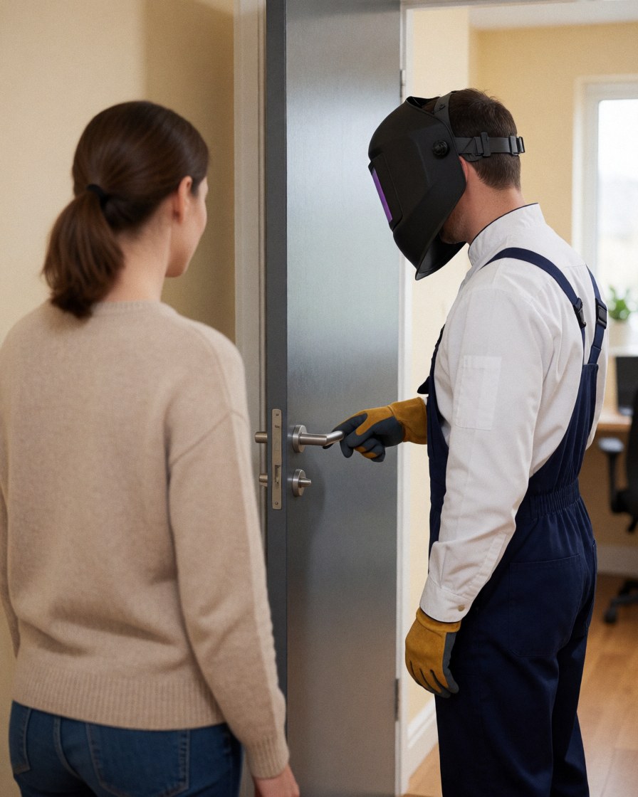 Un technicien en casque et gants montre une porte grise installée à une cliente qui l'inspecte dans un couloir.