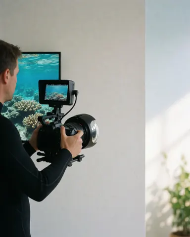 Photographe sous-marin dans un studio avec une caméra professionnelle et un moniteur, capturant un récif corallien sur fond blanc.