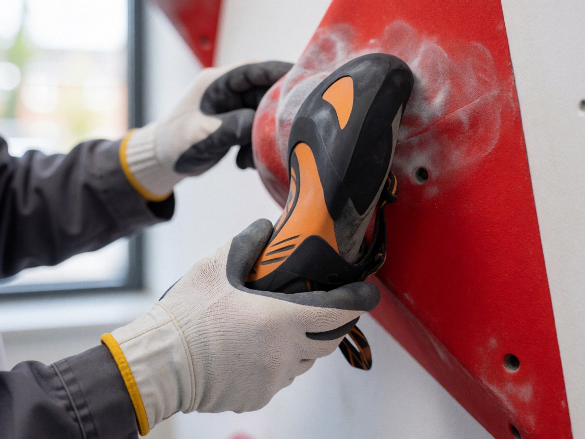 Chaussure de grimpe noire et orange posée sur surface rouge, mains gantées près d'un mur d'escalade pour entraînement.