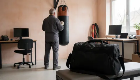 Un homme de dos frappe un sac de boxe noir dans un gymnase aux murs de terre cuite et à la lumière naturelle, une mallette noire repose sur un banc au premier plan.
