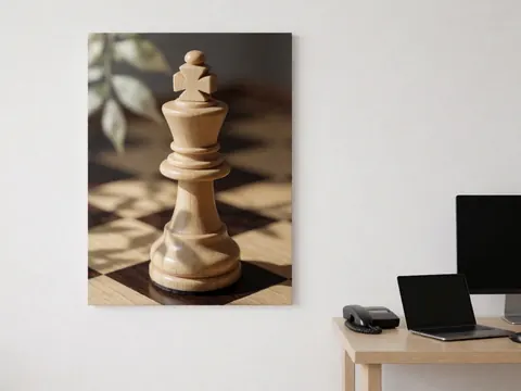 Reine d'échecs blanche posée sur un échiquier en bois avec une lumière naturelle et un fond blanc, idéal pour une école d'échecs.