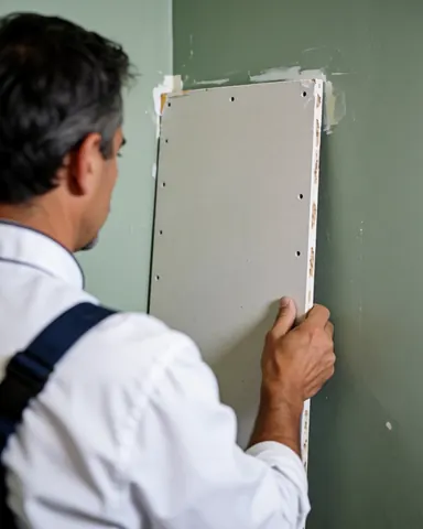 Un homme applique un panneau de plâtre sur un mur vert, illustrant une intervention de réparation murale en cours.
