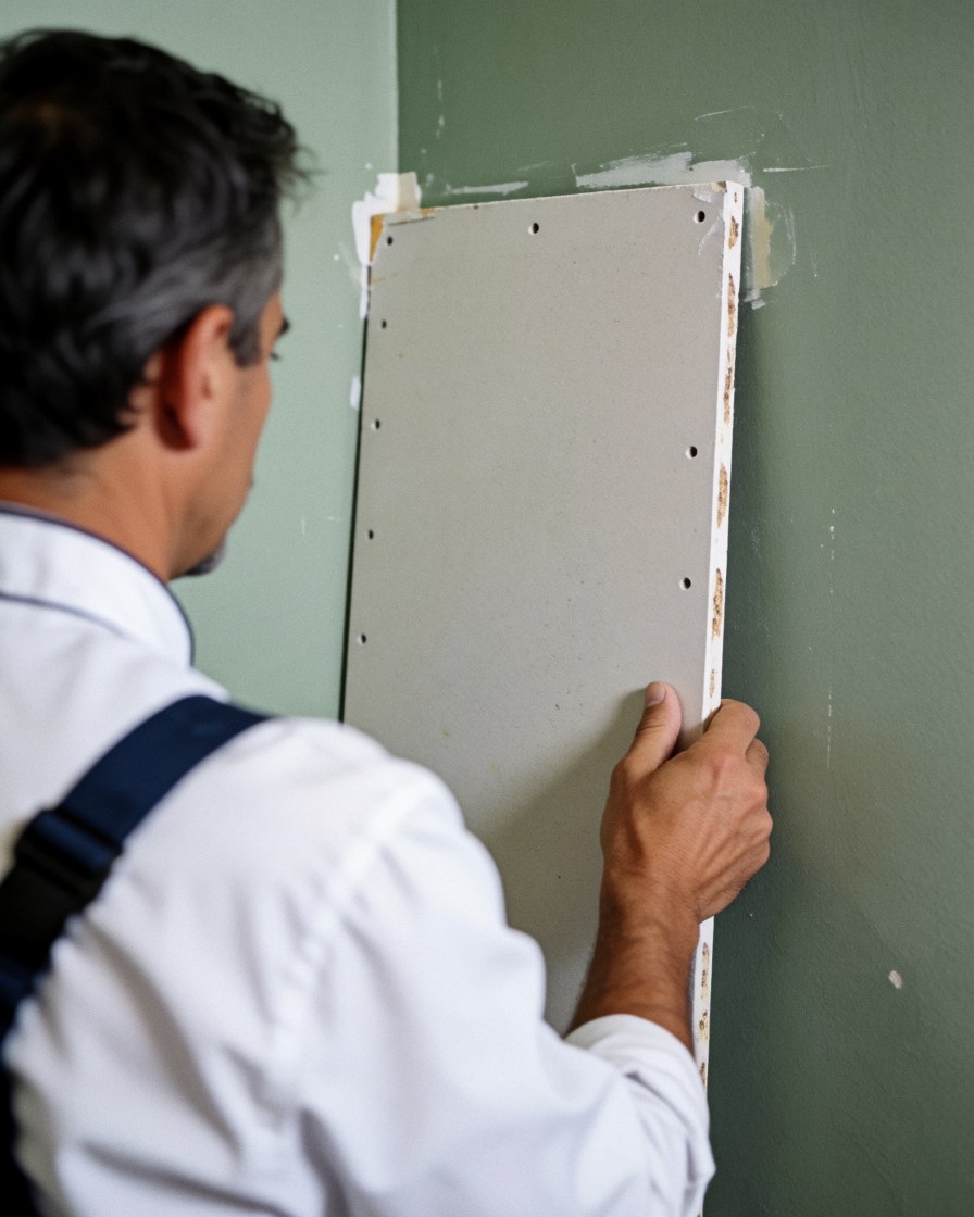 Un homme applique un panneau de plâtre sur un mur vert, illustrant une intervention de réparation murale en cours.