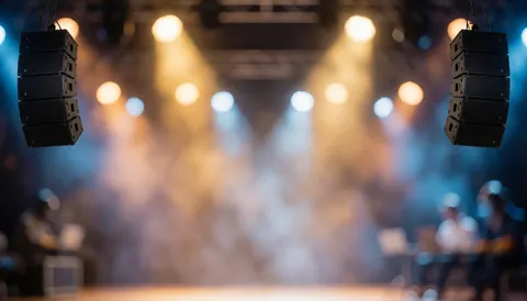 Scène de concert avec des haut-parleurs suspendus et des lumières de scène créant un effet de bokeh, idéal pour servir de fond visuel lors d'événements professionnels ou festifs.