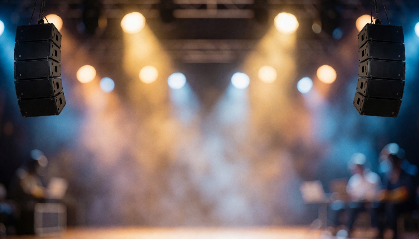 Scène de concert avec des haut-parleurs suspendus et des lumières de scène créant un effet de bokeh, idéal pour servir de fond visuel lors d'événements professionnels ou festifs.