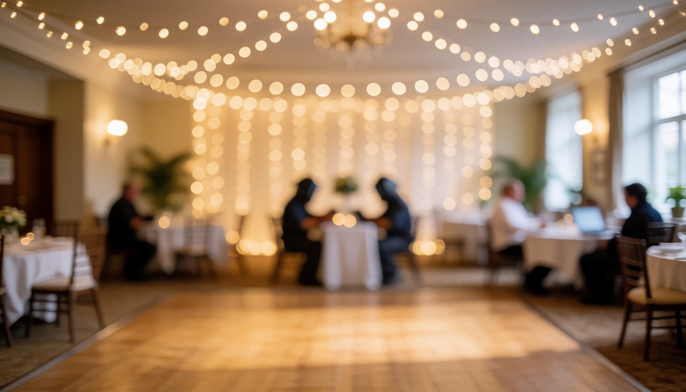 Fond de réception de mariage avec sol en bois, guirlandes lumineuses, tables dressées avec nappes blanches, ambiance romantique et chaleureuse pour services d'organisation.