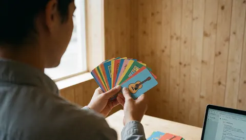 Vue arrière d'un étudiant tenant des cartes de révision avec une guitare, un mur en bois et un ordinateur portable sur une table, évoquant une leçon d'espagnol.