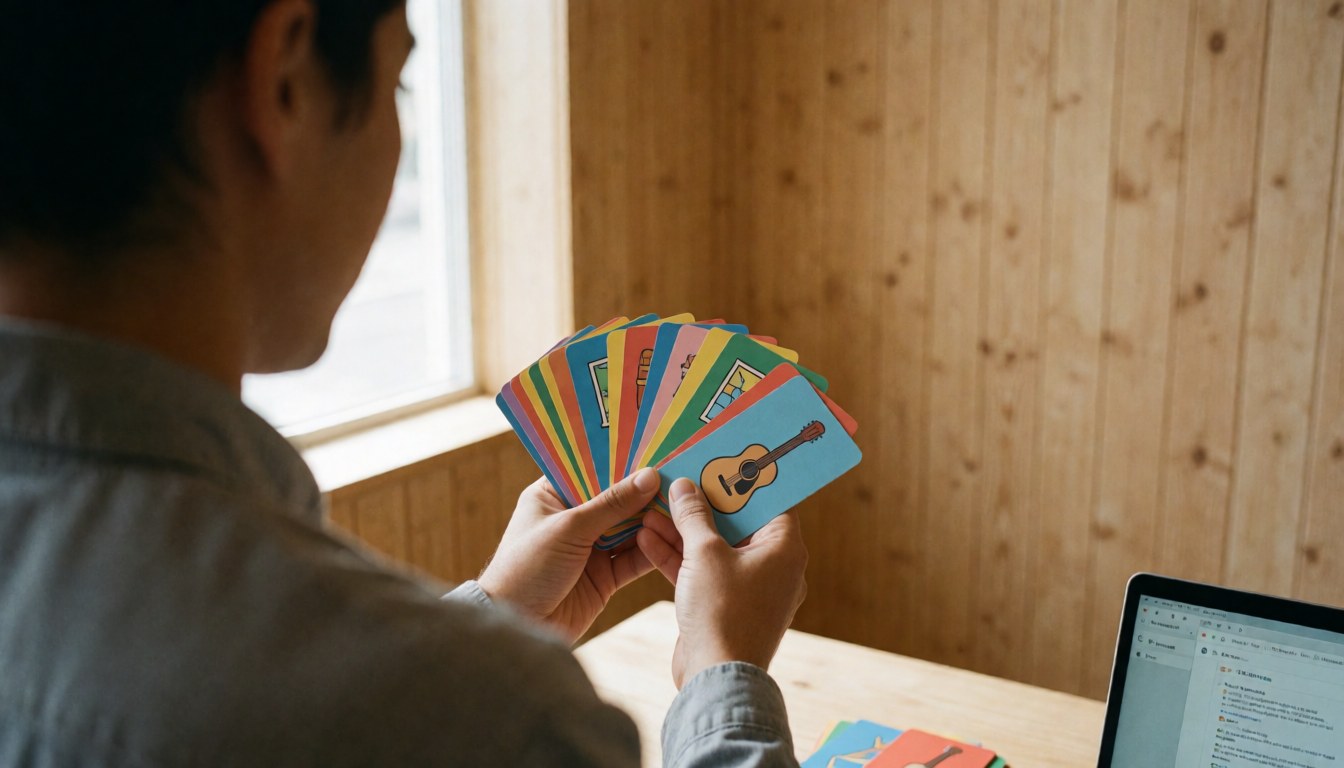 Vue arrière d'un étudiant tenant des cartes de révision avec une guitare, un mur en bois et un ordinateur portable sur une table, évoquant une leçon d'espagnol.