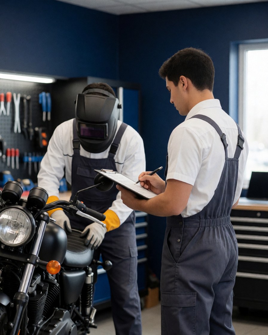 Mécanicien en casque ajuste la suspension d'une moto dans un atelier bleu tandis qu'un client examine un porte-documents.