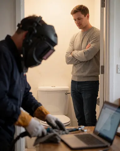 Cliente les bras croisés regarde une toilette réparée tandis qu'un plombier nettoie ses outils sur une table avec un ordinateur portable.