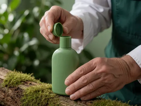 Bouchon de bouteille écologique sur un tronc de bois moussu, avec un fond de feuillage vert, mettant en valeur un produit durable pour un parc naturel.