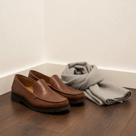 Chaussures en cuir marron et écharpe grise posées sur un sol en bois, évoquant une ambiance élégante pour un cours de tango.