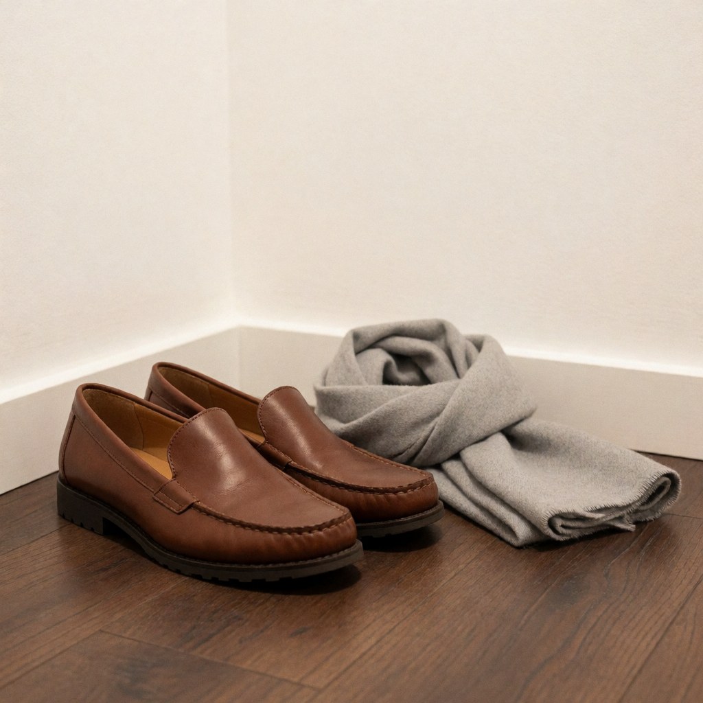 Chaussures en cuir marron et écharpe grise posées sur un sol en bois, évoquant une ambiance élégante pour un cours de tango.