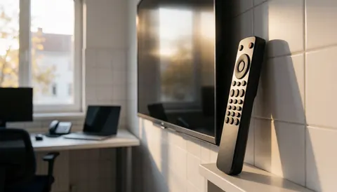 Télécommande universelle posée près d'un téléviseur à écran plat, sur un mur de carreaux blancs, avec une lumière naturelle entrant par une fenêtre, évoquant un environnement de réparation professionnelle.