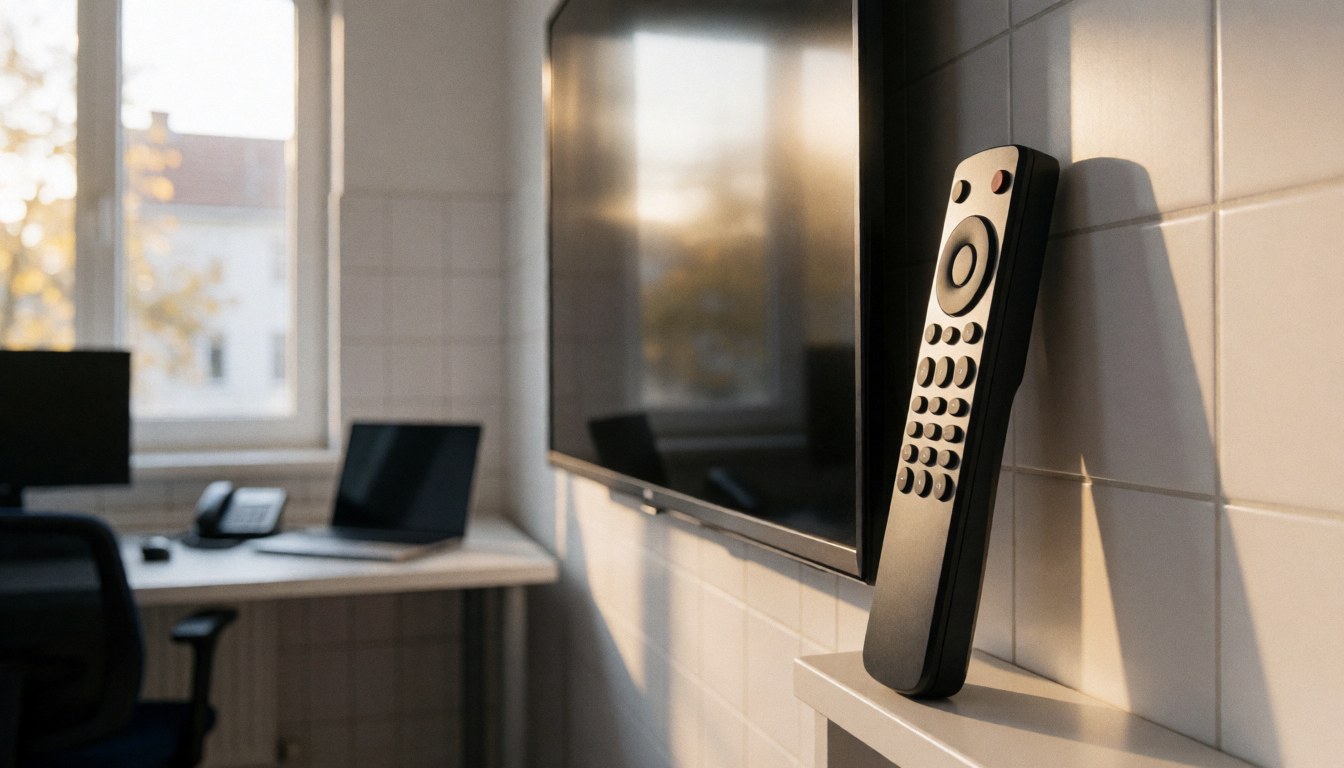Télécommande universelle posée près d'un téléviseur à écran plat, sur un mur de carreaux blancs, avec une lumière naturelle entrant par une fenêtre, évoquant un environnement de réparation professionnelle.