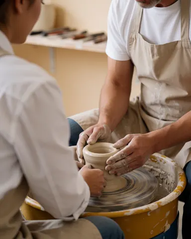 Un maître et un étudiant travaillent ensemble en cercle sur de l'argile, entourés d'outils et de murs beiges dans un atelier de céramique.