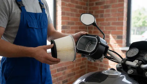 Un mécanicien en combinaison bleue pose un filtre à air neuf dans le boîtier d'une moto devant un mur de briques avec lumière naturelle.