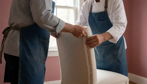 Deux tapissiers ajustent le tissu d'une chaise dans un atelier aux murs roses et à la lumière naturelle.