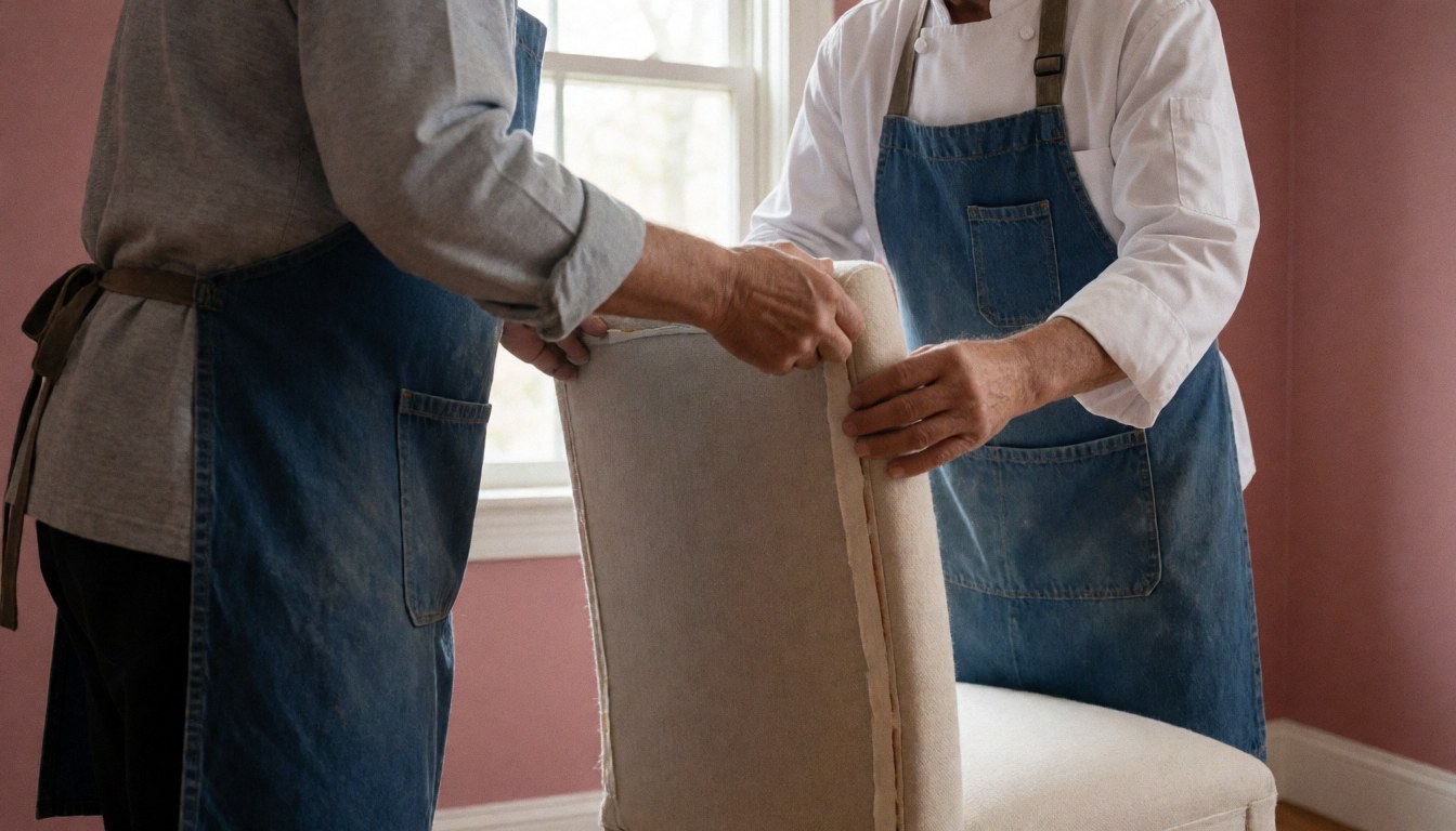 Deux tapissiers ajustent le tissu d'une chaise dans un atelier aux murs roses et à la lumière naturelle.