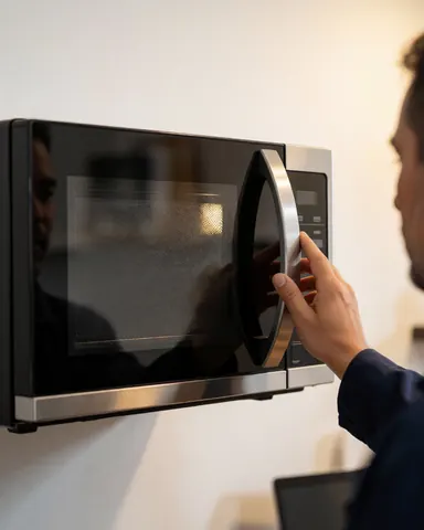 Une cliente ferme la porte du micro-ondes après sa réparation dans un atelier avec un mur blanc et une lumière chaude.