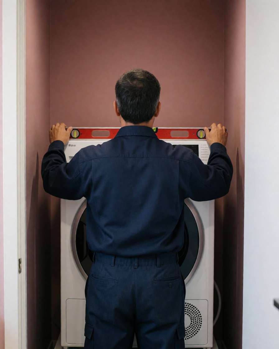 Un technicien en uniforme bleu installe un sèche-linge blanc sur un sol avec un niveau rouge pour garantir une pose parfaitement horizontale.