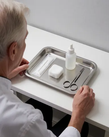 Professionnel de dos avec équipement stérile sur plateau métallique posé sur table blanche, préparant un service de piercing.