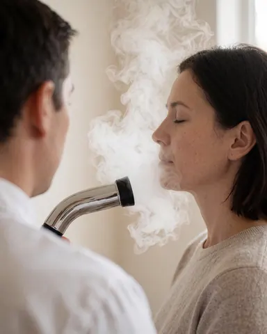 Cliente les yeux fermés bénéficiant d'un traitement à la vapeur, professionnel attentif, murs neutres, ambiance relaxante et professionnelle.
