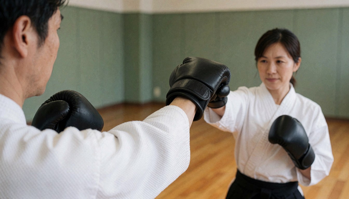 Vue arrière d'un pratiquant de karaté portant des gants noirs, exécutant un coup dans un dojo au sol en bois et aux murs verts.