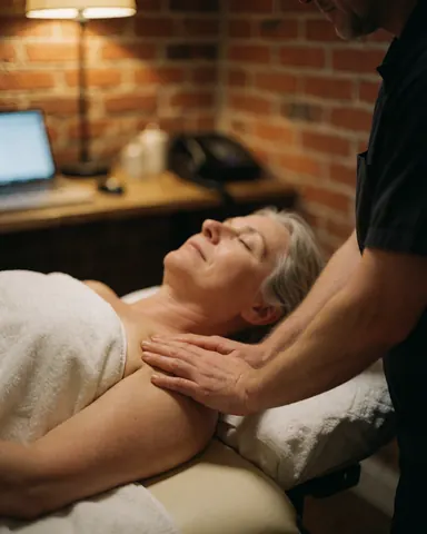 Une cliente bénéficie d'un massage suédois sur une table de massage, devant un mur de briques rouges éclairé par une lumière chaude.