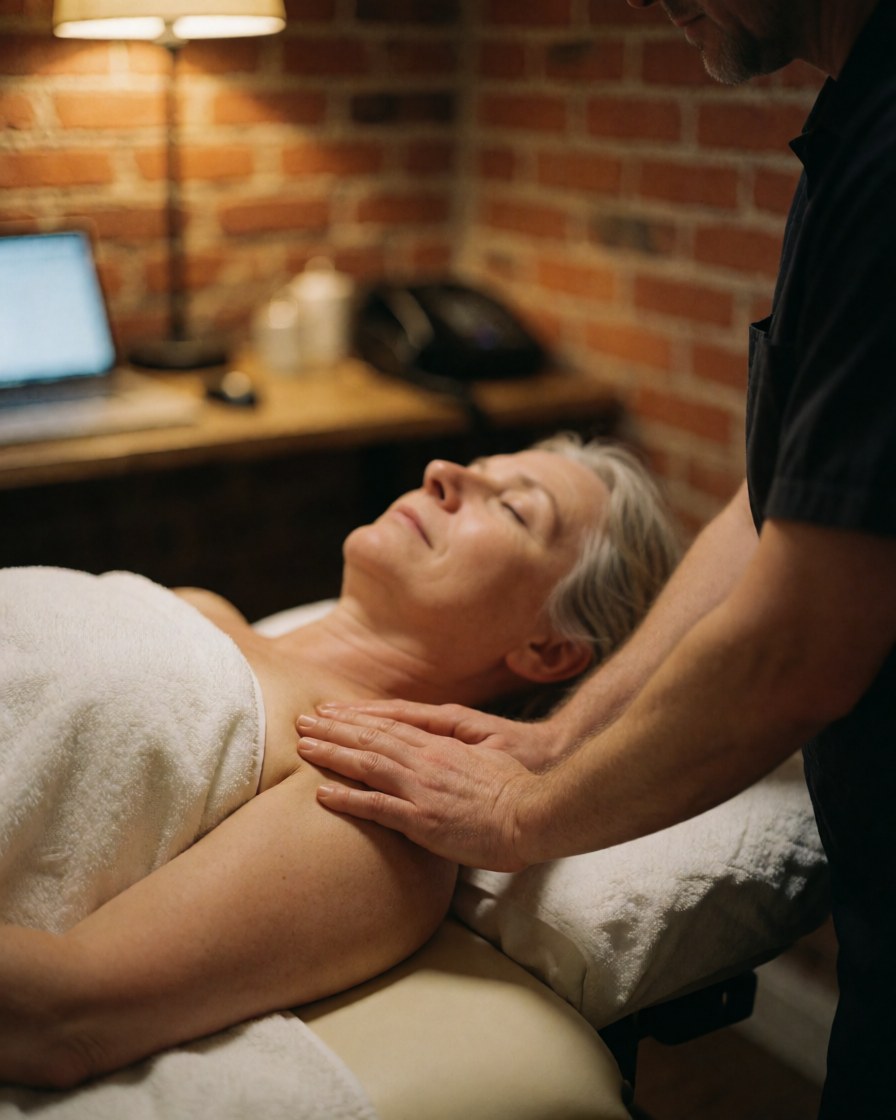 Une cliente bénéficie d'un massage suédois sur une table de massage, devant un mur de briques rouges éclairé par une lumière chaude.