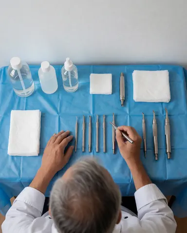 Un professionnel prépare des instruments de tatouage sur une gaze stérile bleue, avec antiseptique et compresses, dans un studio propre et rangé.