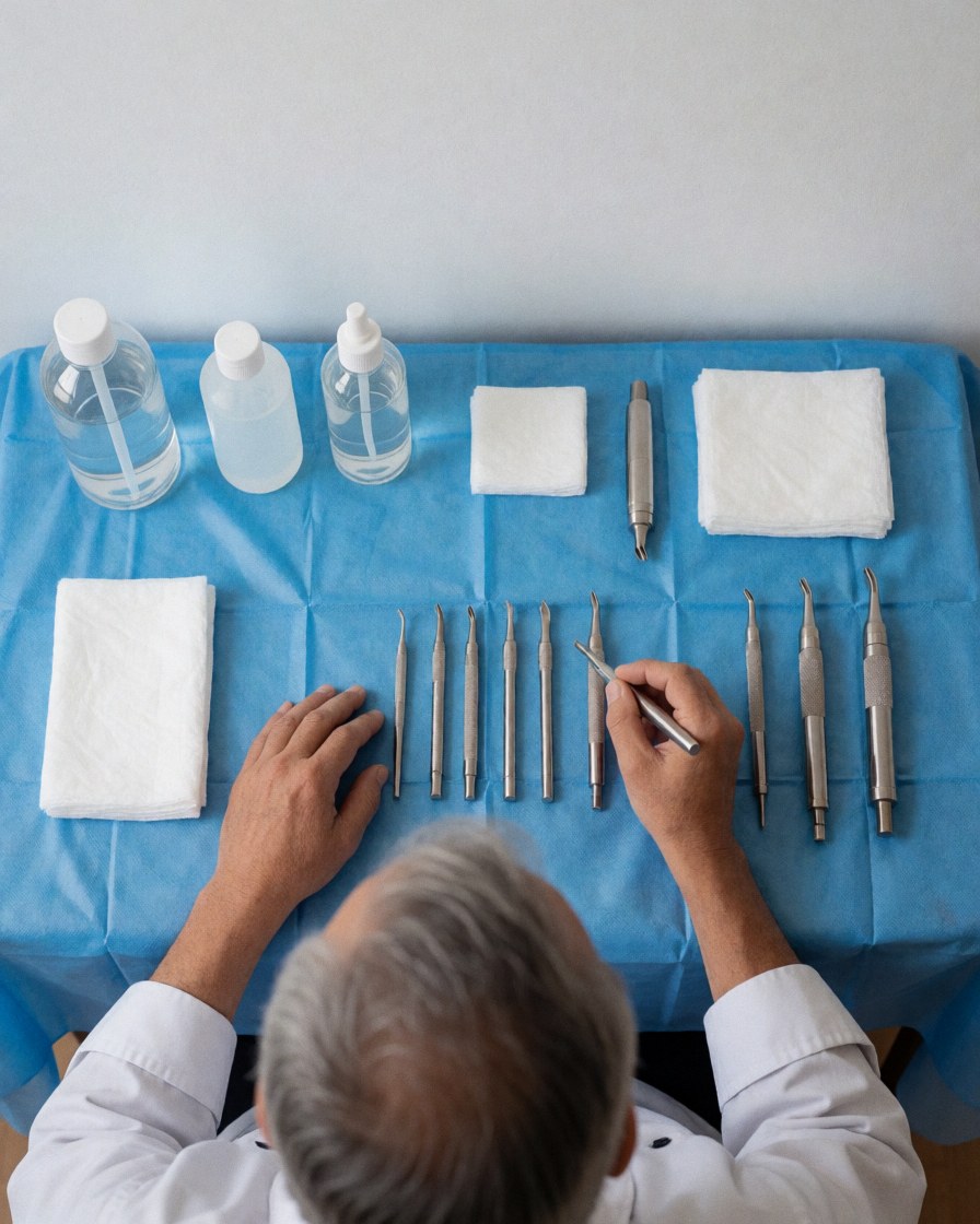 Un professionnel prépare des instruments de tatouage sur une gaze stérile bleue, avec antiseptique et compresses, dans un studio propre et rangé.