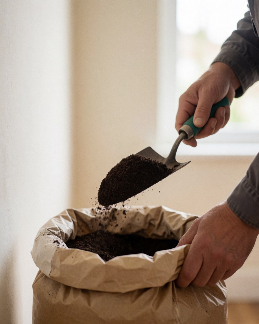 Une main utilise une pelle pour remplir un sac de terre sombre sur un fond de murs peints, éclairage naturel pour la jardinerie.
