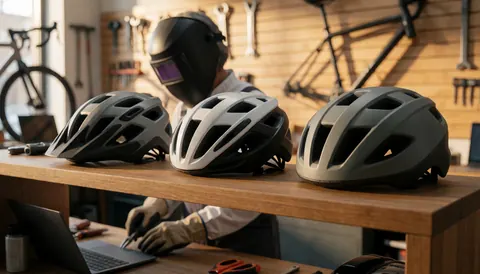 Trois casques de vélo posés sur un comptoir en bois clair, avec des outils et une bicyclette en arrière-plan dans un atelier de réparation.