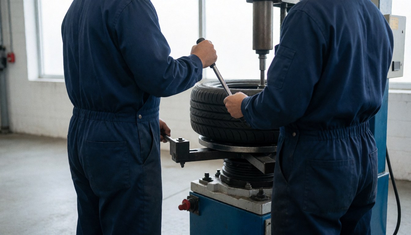 Deux mécaniciens en uniforme bleu travaillent ensemble sur une machine à changer les pneus dans un atelier avec un sol en béton et une lumière naturelle.