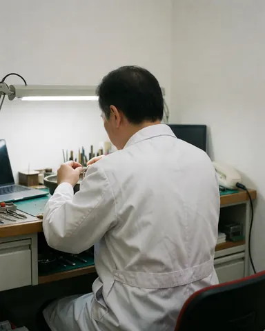 Un horloger en blouse blanche nettoie une chaîne en argent sur sa table de travail avec des outils de joaillerie sous un éclairage professionnel.